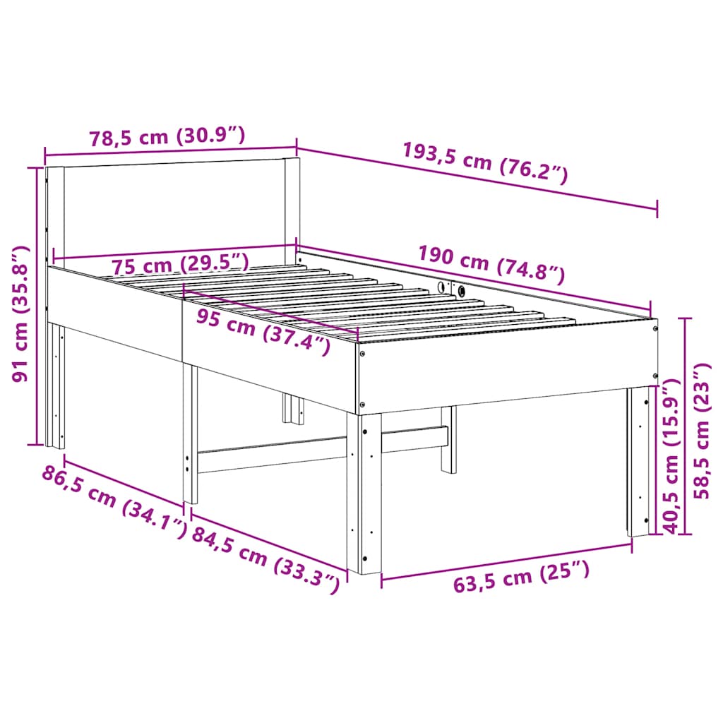 Letto senza Materasso 75x190 cm in Legno Massello Pino | homemem39