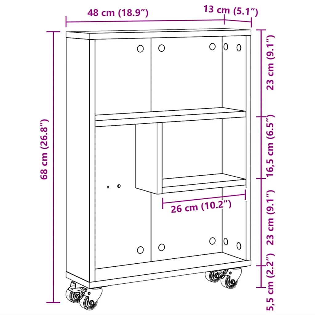 Carrello Stretto Rovere Artigianale 48x13x68 cm in Truciolato | homemem39