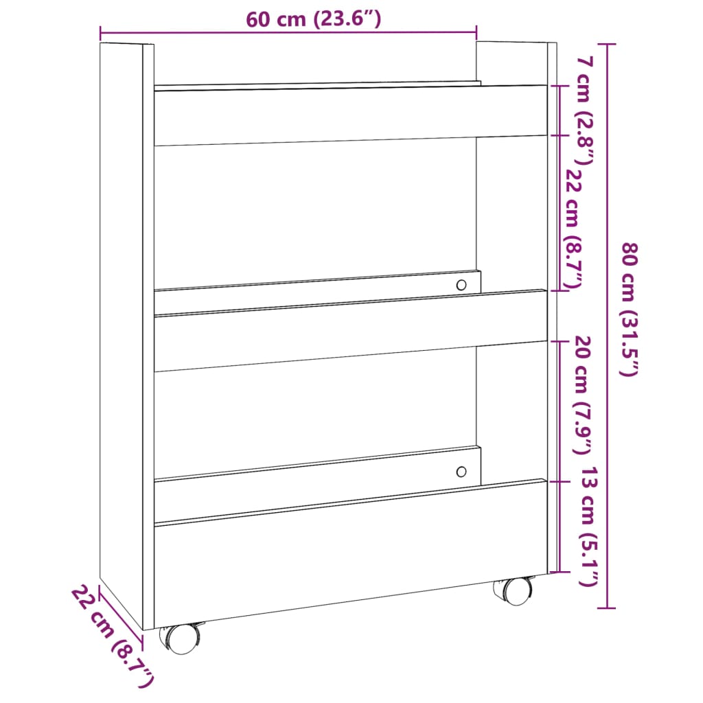 Carrello Stretto a 3 Livelli Legno Antico in Truciolato
