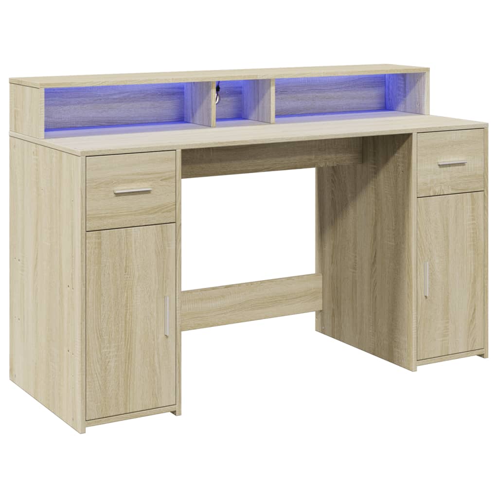 Scrivania con Luci LED Rovere Sonoma 140x55x91cm in Multistrato - homemem39