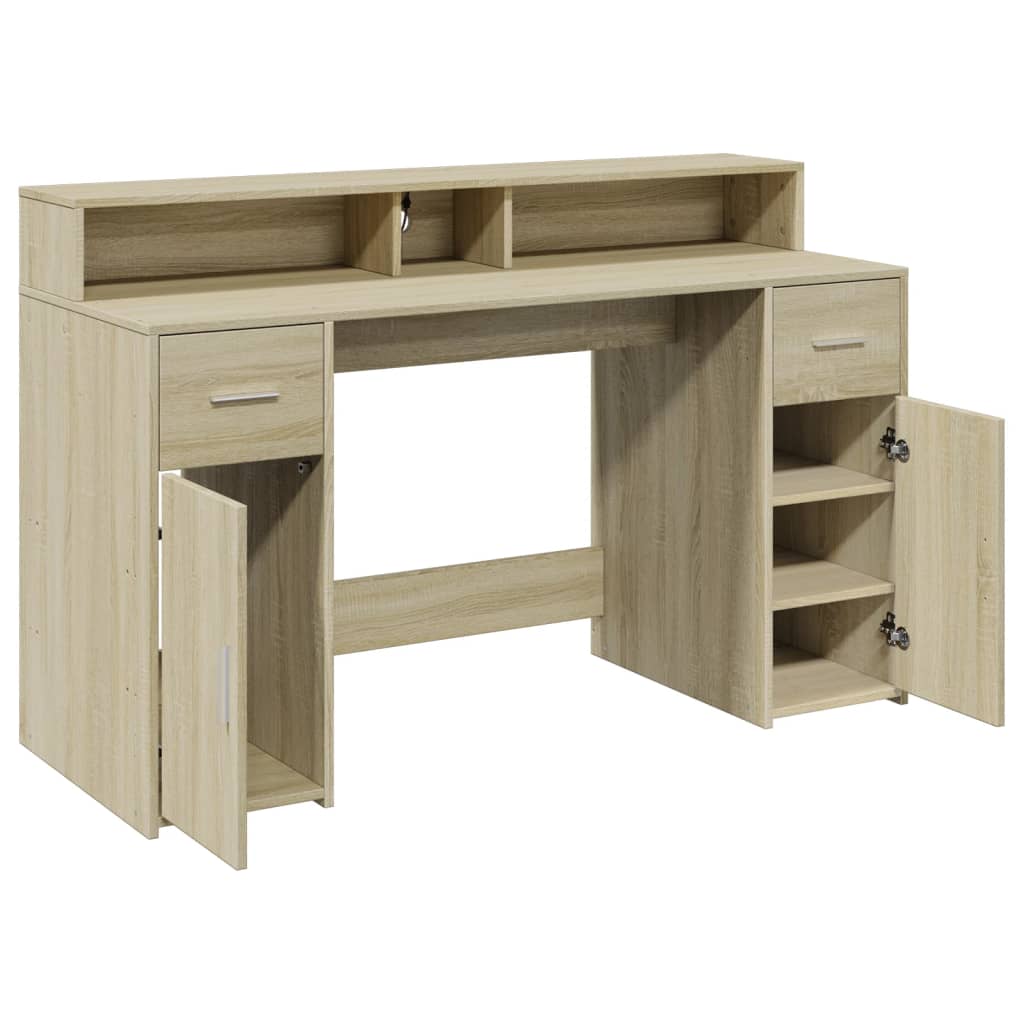 Scrivania con Luci LED Rovere Sonoma 140x55x91cm in Multistrato - homemem39
