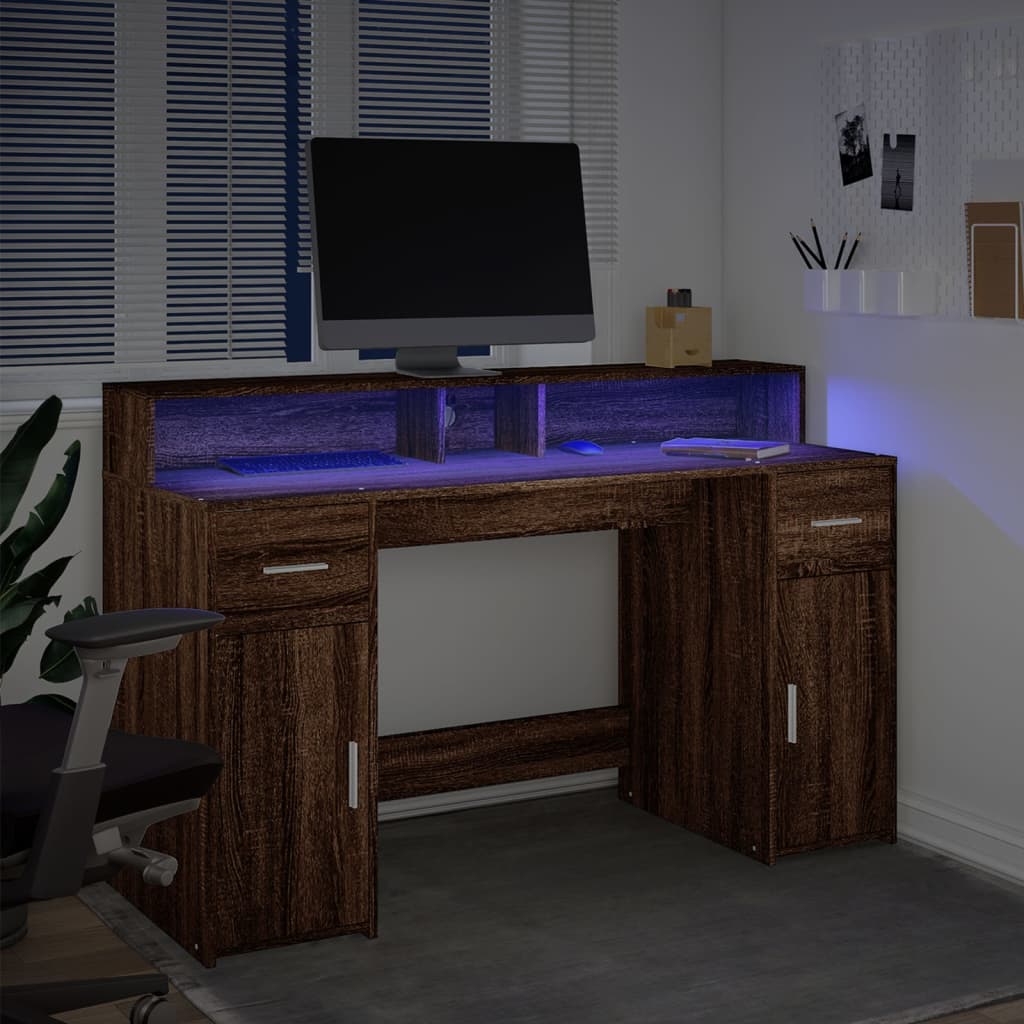 Scrivania con Luci LED Marrone Rovere 140x55x91 cm Multistrato - homemem39