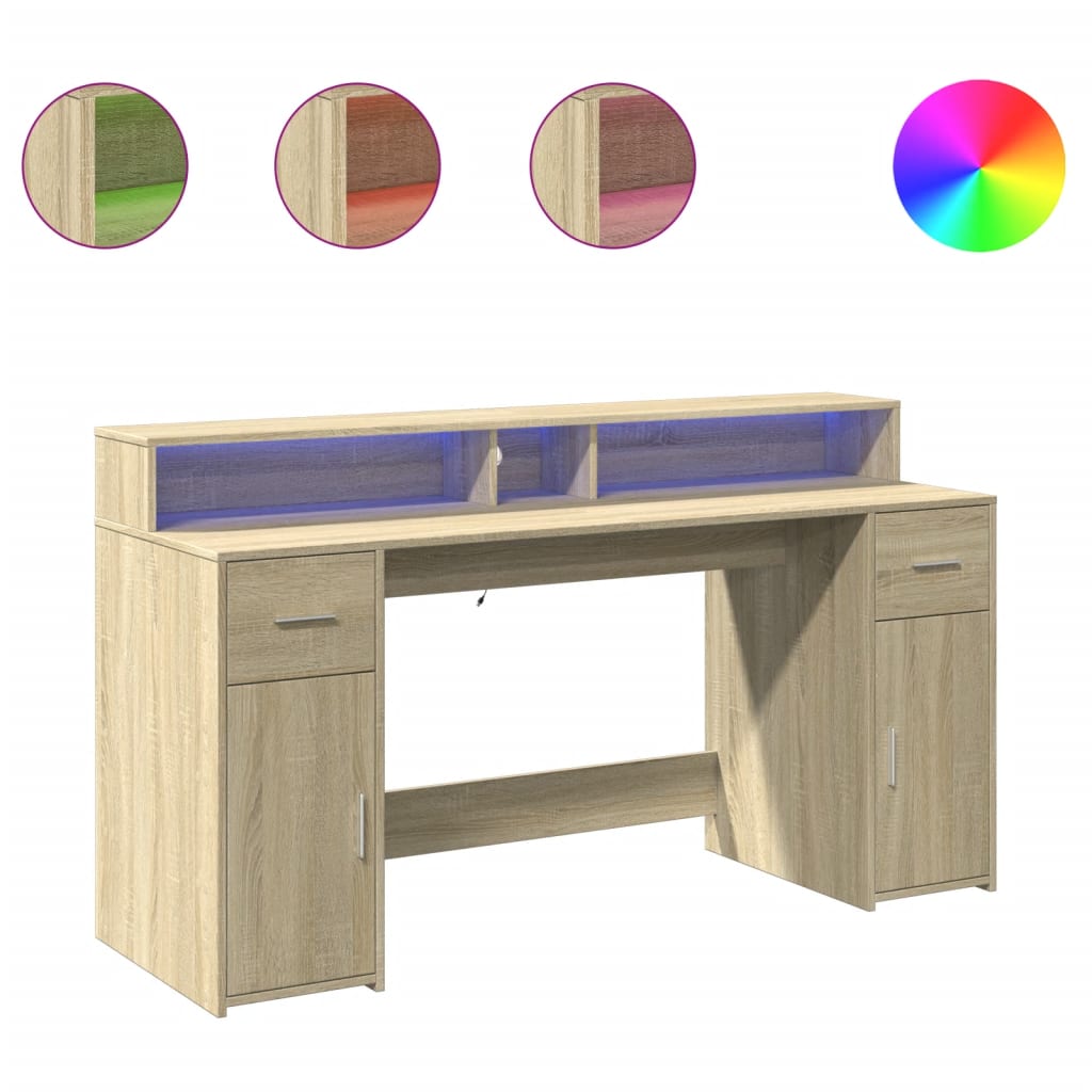 Scrivania con Luci LED Rovere Sonoma 160x55x91cm in Multistrato - homemem39