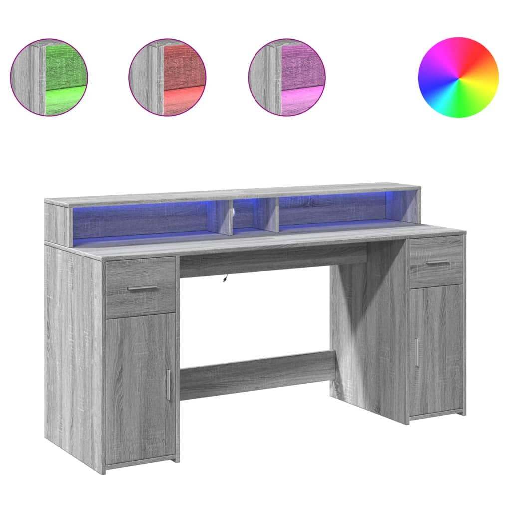 Scrivania con Luci LED Grigio Sonoma 160x55x91cm in Multistrato - homemem39
