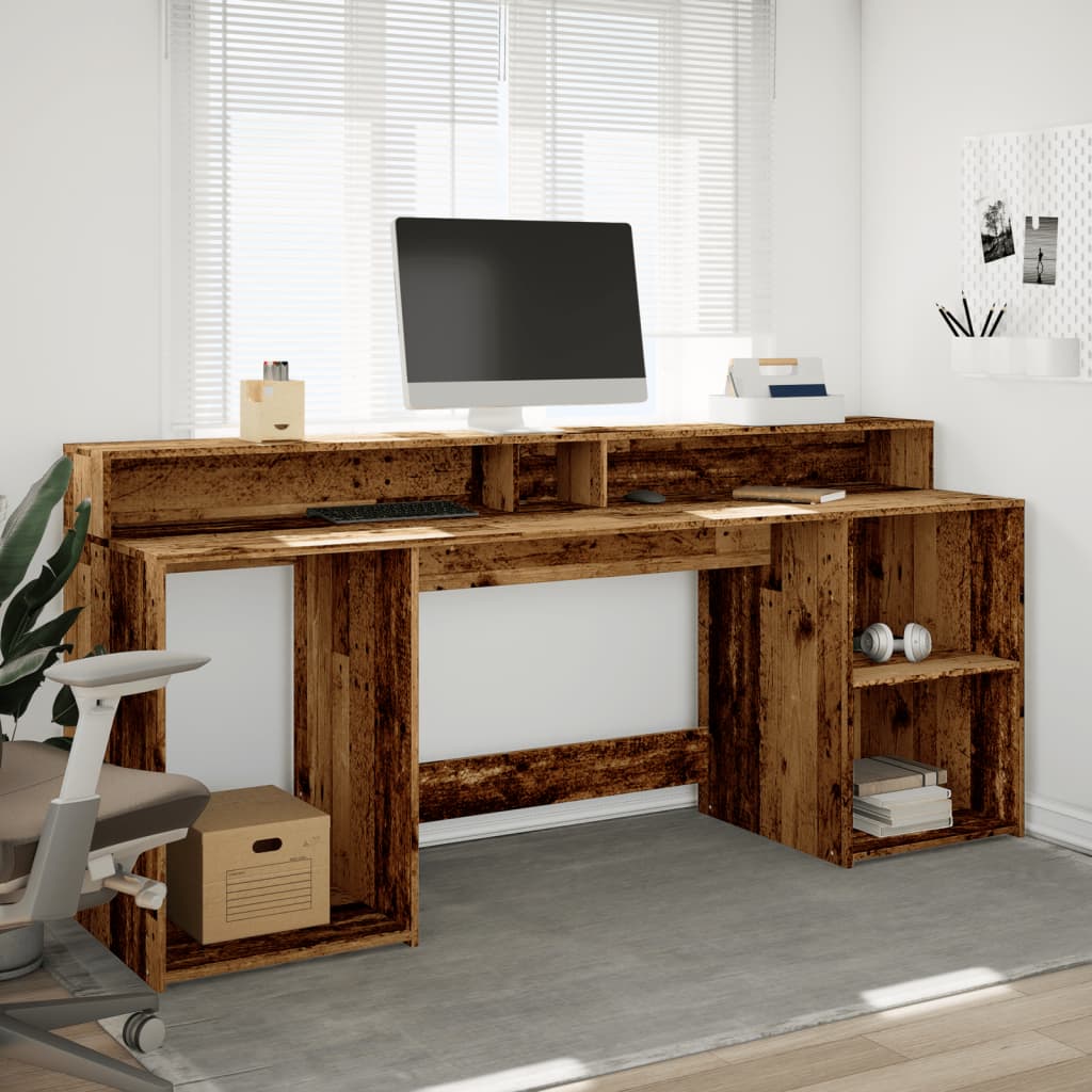 Scrivania con Luci LED Legno Antico 200x55x91 cm in Truciolato - homemem39