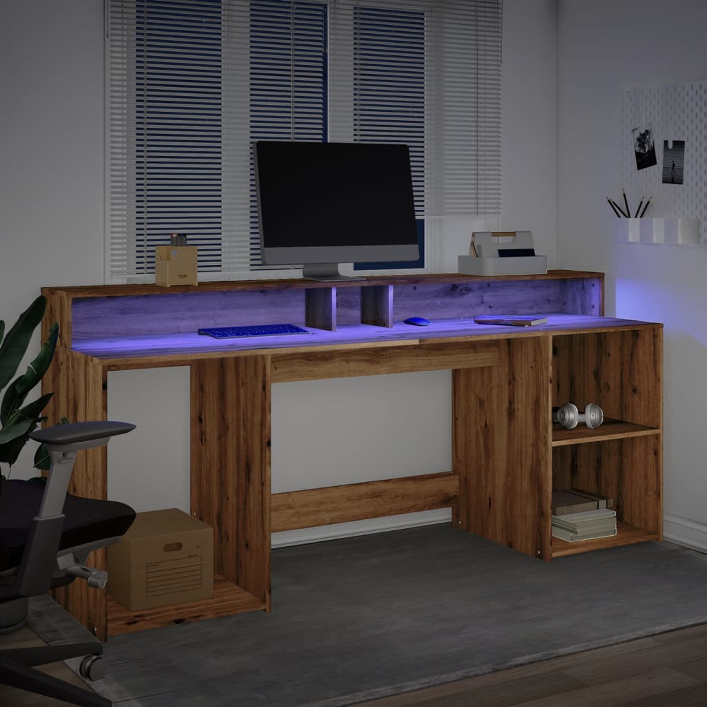 Scrivania con LED Rovere Artigianale 200x55x91 cm in Truciolato - homemem39