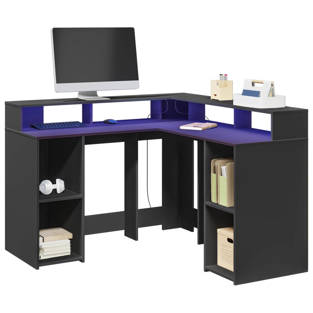 Scrivania con Luci LED Nera 130x130x91 cm in Truciolato - homemem39