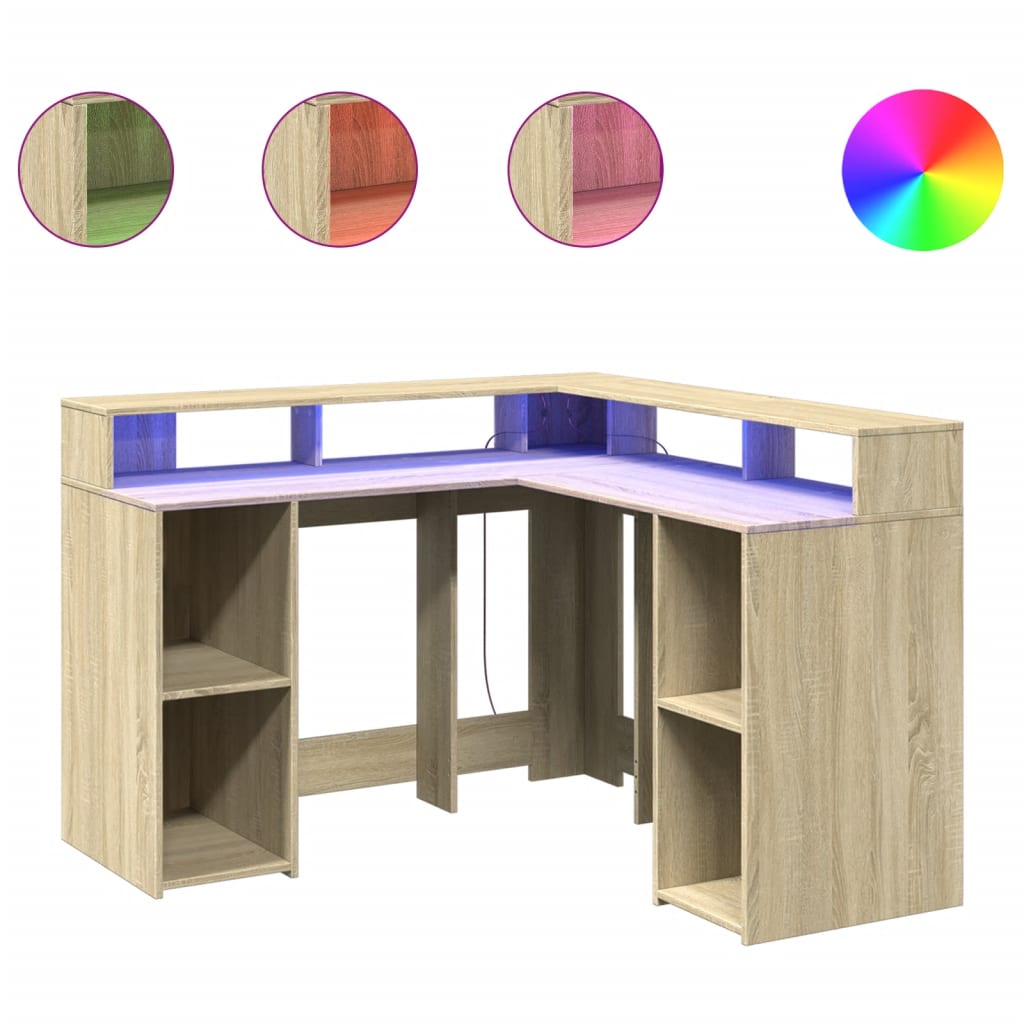 Scrivania con Luci LED Rovere Sonoma 130x130x91cm in Truciolato - homemem39