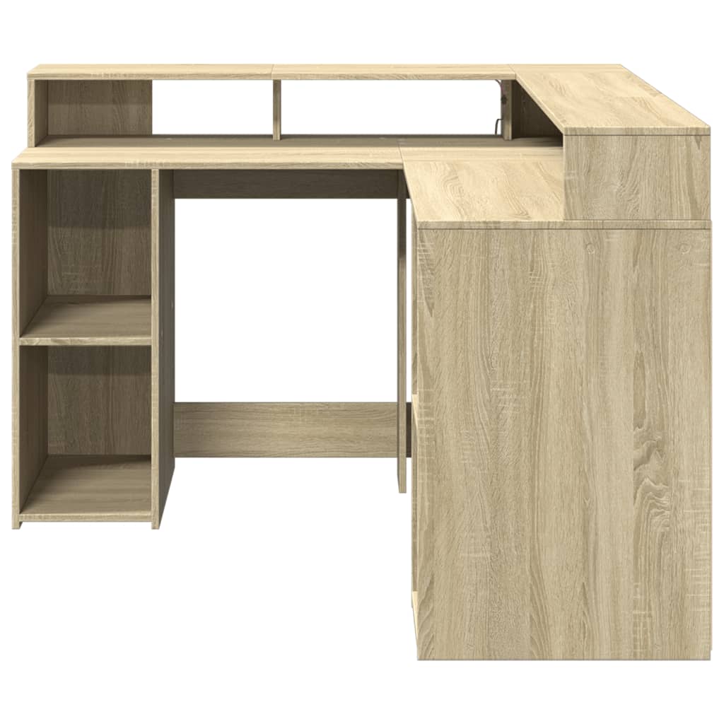 Scrivania con Luci LED Rovere Sonoma 130x130x91cm in Truciolato - homemem39