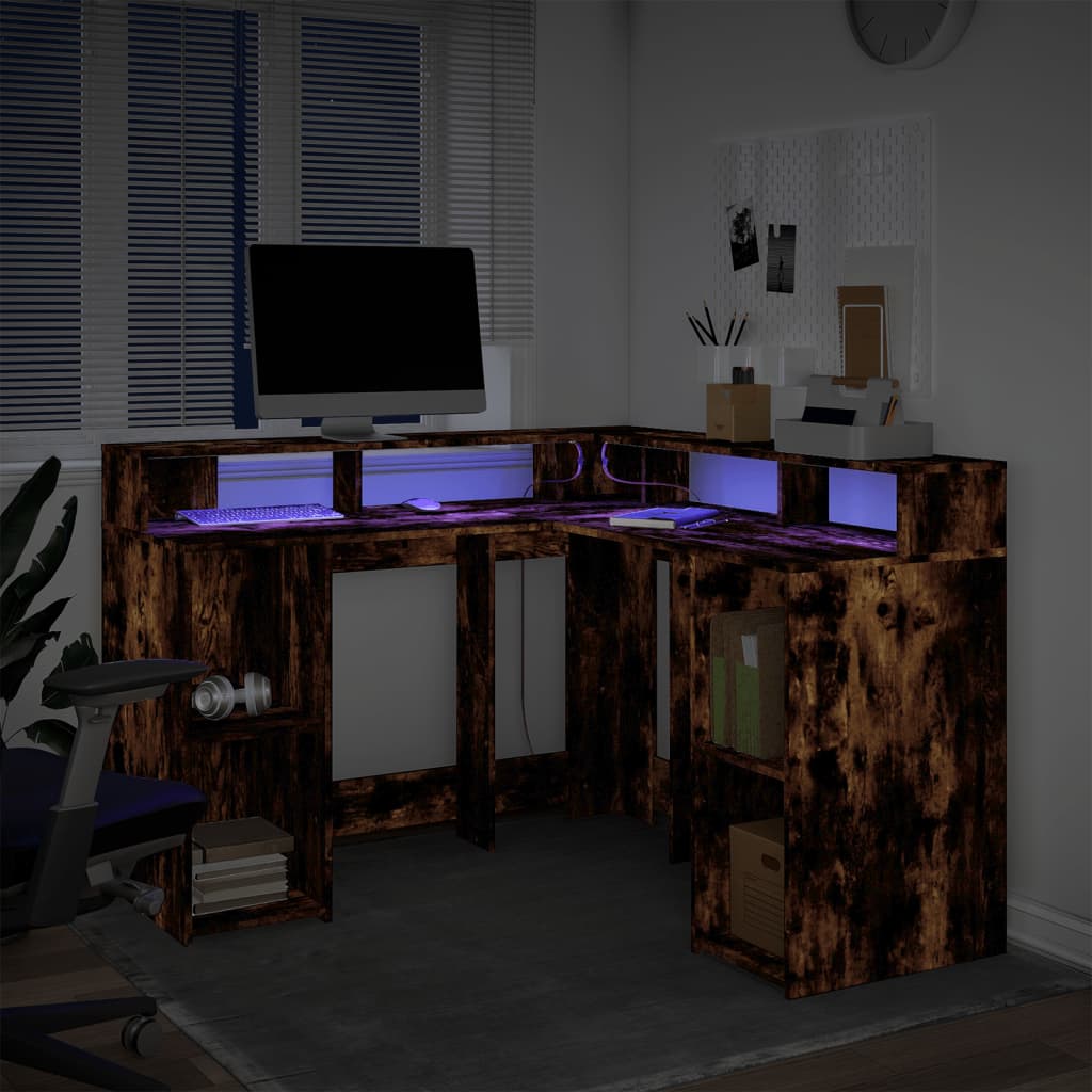 Scrivania con Luci LED Rovere Fumo 130x130x91 cm in Truciolato - homemem39