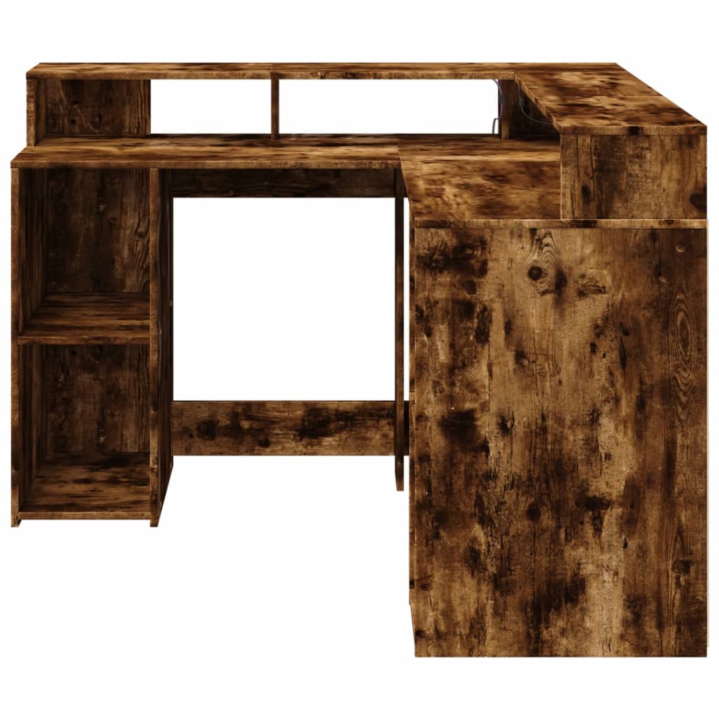 Scrivania con Luci LED Rovere Fumo 130x130x91 cm in Truciolato - homemem39