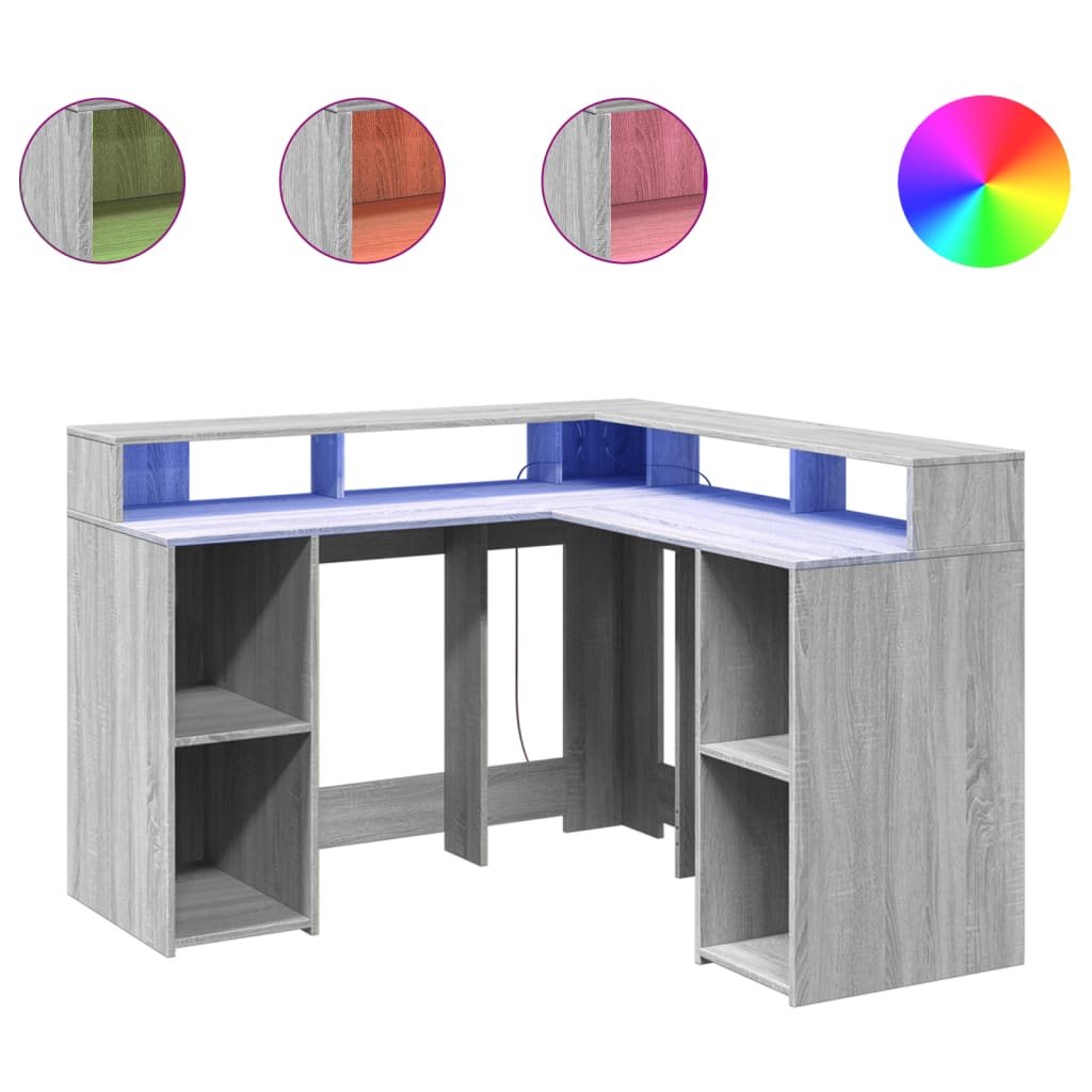 Scrivania con Luci LED Grigio Sonoma 130x130x91cm in Truciolato - homemem39