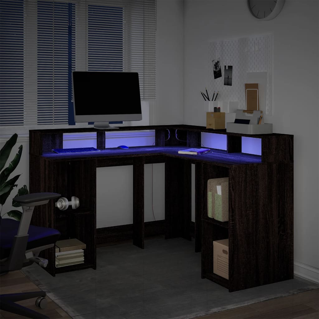 Scrivania con Luci LED Marrone Rovere 130x130x91 cm Truciolato - homemem39