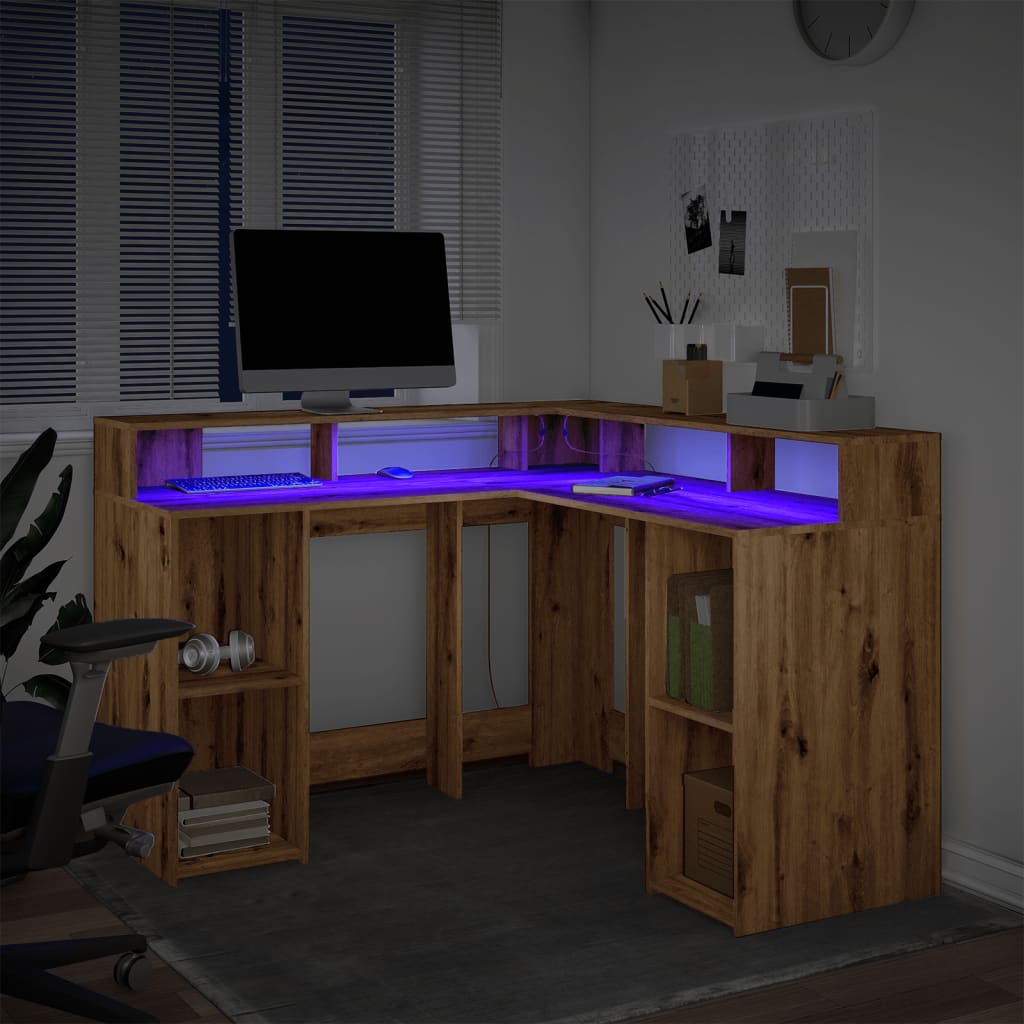 Scrivania a Luci LED Rovere Artigianale 140x55x91 cm Truciolato - homemem39