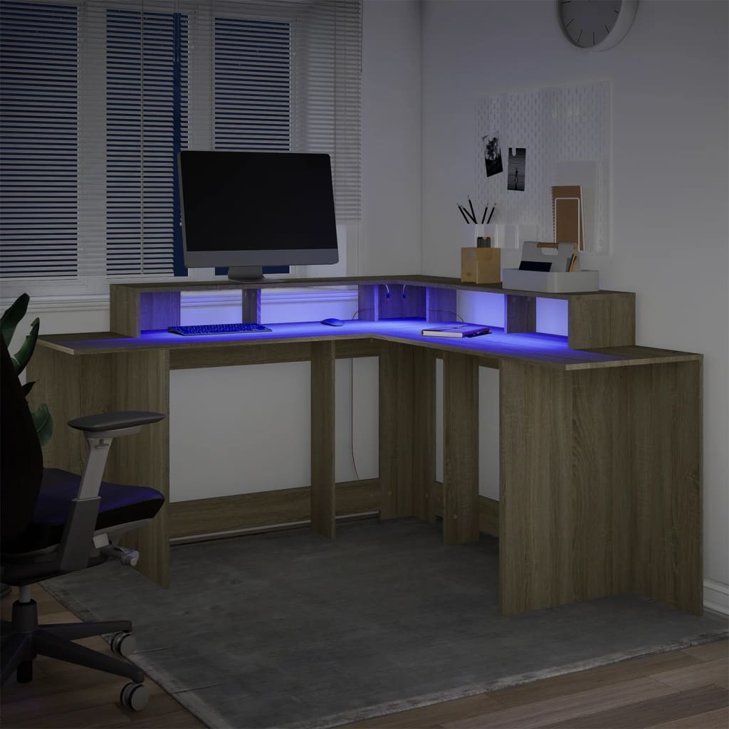 Scrivania con Luci LED Rovere Sonoma 152x152x91cm in Truciolato - homemem39