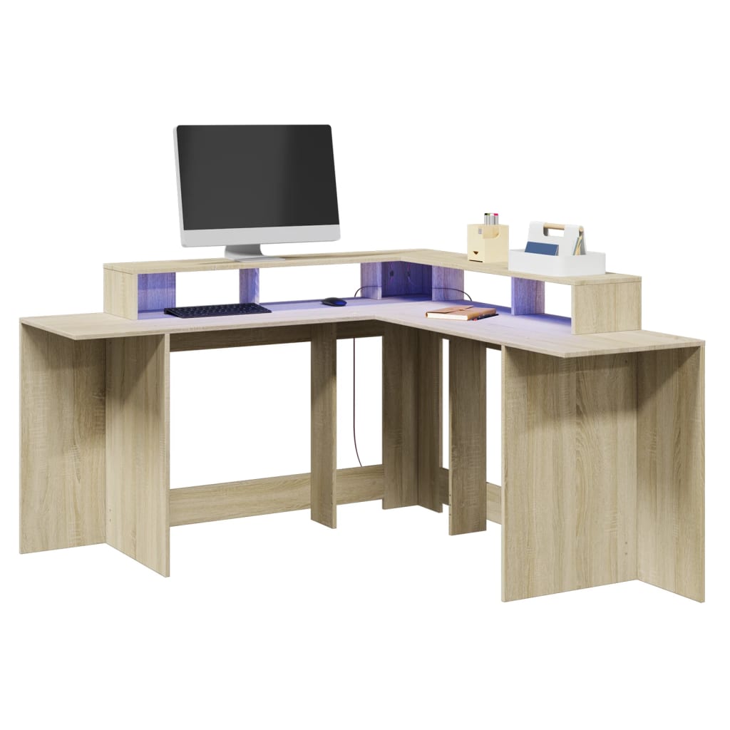 Scrivania con Luci LED Rovere Sonoma 152x152x91cm in Truciolato - homemem39