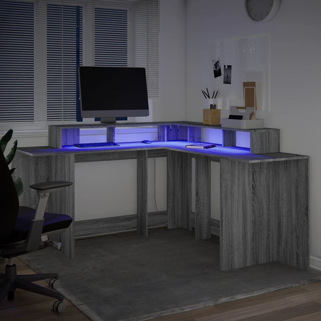 Scrivania con Luci LED Grigio Sonoma 152x152x91cm in Truciolato - homemem39