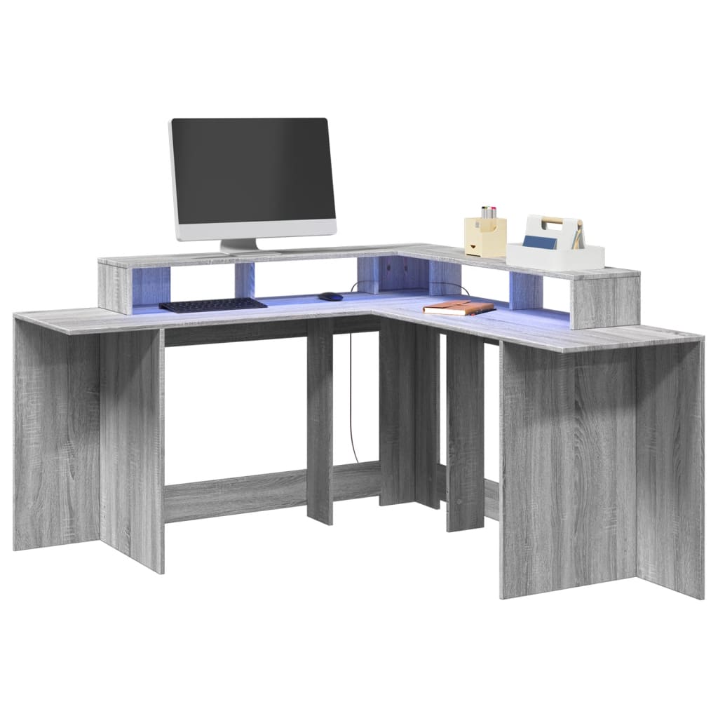 Scrivania con Luci LED Grigio Sonoma 152x152x91cm in Truciolato - homemem39