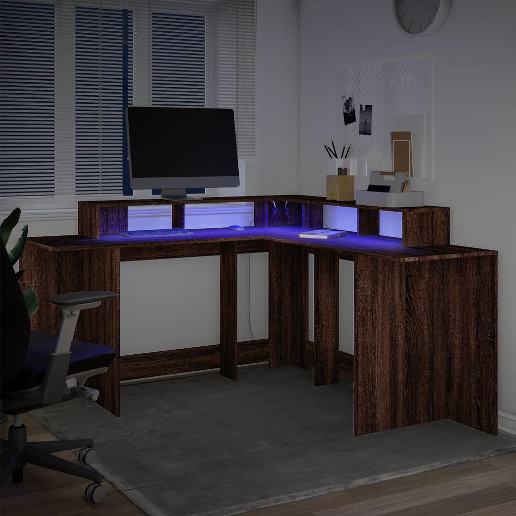 Scrivania con Luci LED Marrone Rovere 152x152x91 cm Truciolato - homemem39