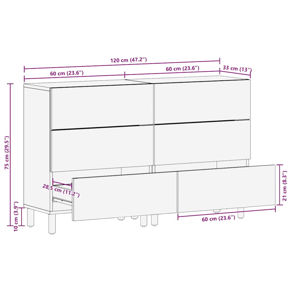 Credenza 2 pz 60 x 33 x 75 cm Legno di mango massello