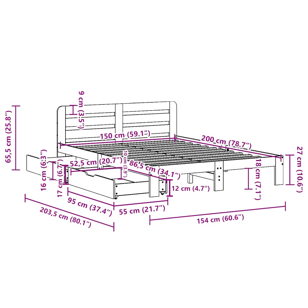 Giroletto senza Materasso Marrone Cera 150x200 cm Legno di Pino | homemem39