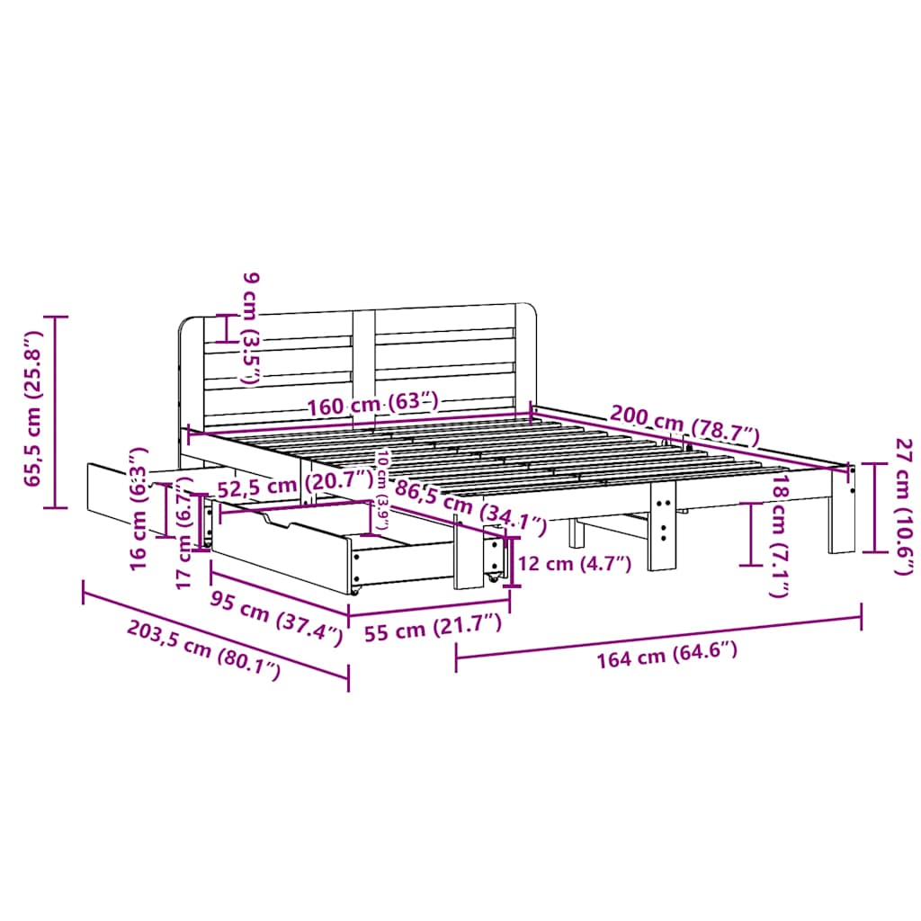 Giroletto senza Materasso Marrone Cera 160x200 cm Legno di Pino | homemem39