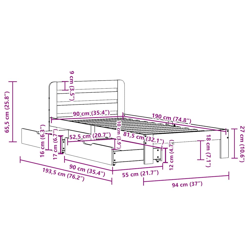 Letto senza Materasso 90x190 cm in Legno Massello di Pino