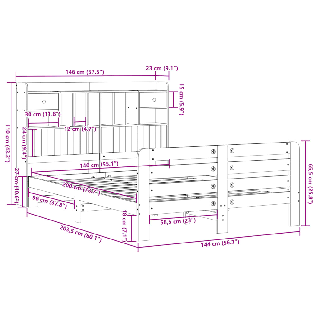 Letto Libreria senza Materasso Bianco 140x200 cm Legno di Pino | homemem39
