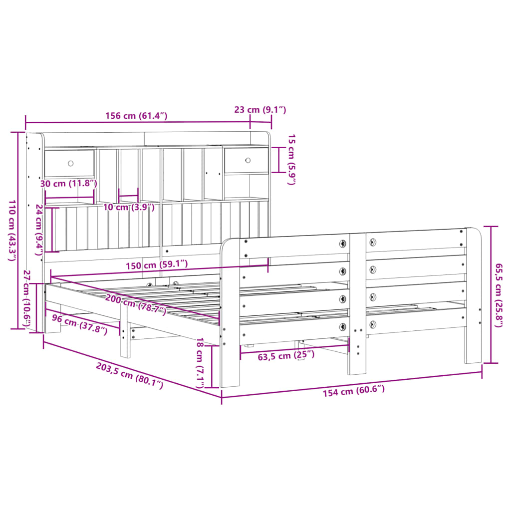Letto Libreria senza Materasso Marrone Cera 150x200 cm in Pino | homemem39