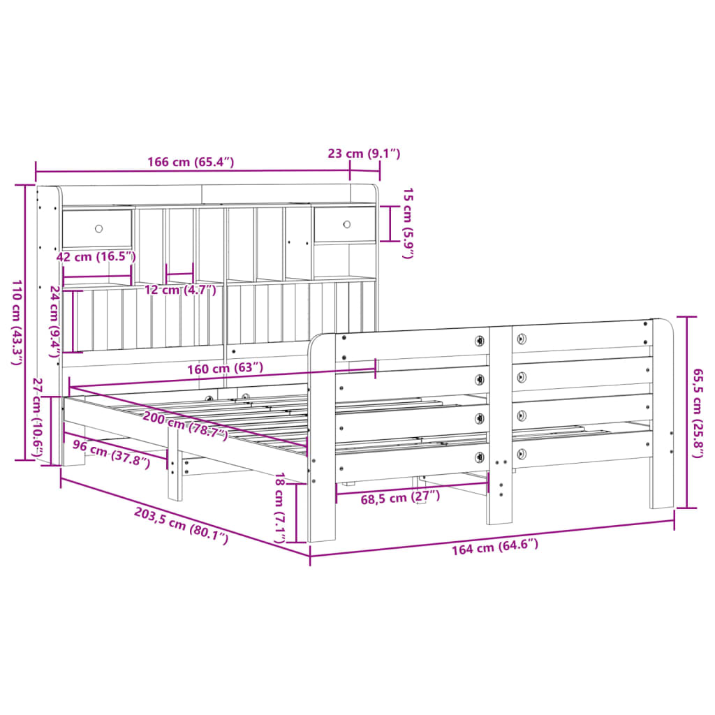 Letto Libreria senza Materasso Bianco 160x200 cm Legno di Pino | homemem39