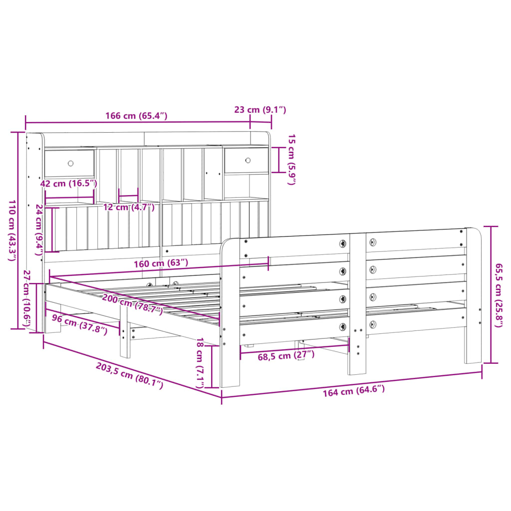 Letto Libreria senza Materasso Marrone Cera 160x200 cm in Pino | homemem39
