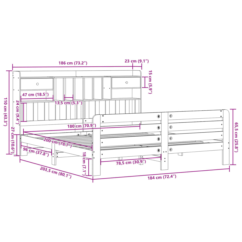 Giroletto con Libreria senza Materasso 180x200 cm in Legno Pino | homemem39