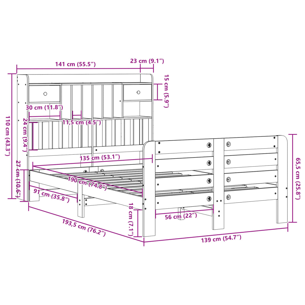 Letto Libreria senza Materasso 135x190 cm in Legno di Pino | homemem39