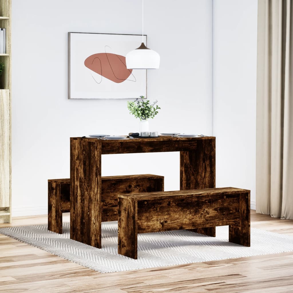 Set Tavolo da Pranzo e Panche 3 pz Rovere Fumo in Truciolato - homemem39