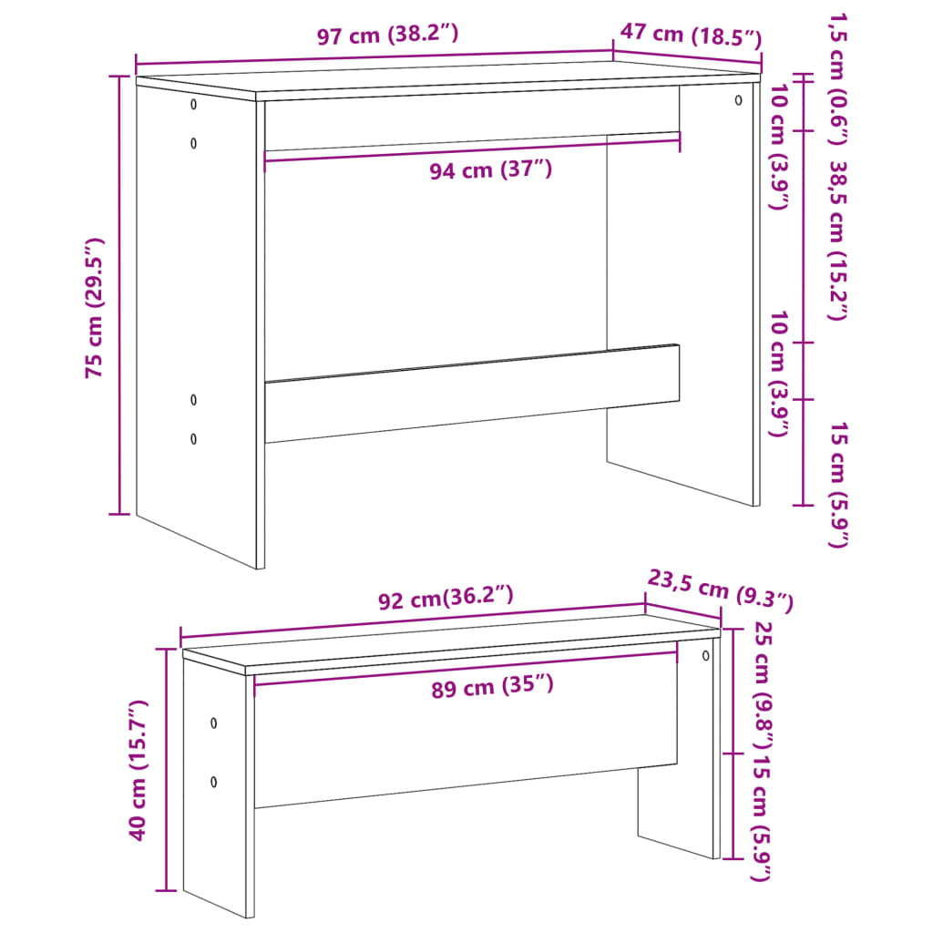 Set Tavolo da Pranzo e Panche 3 pz Rovere Fumo in Truciolato | homemem39