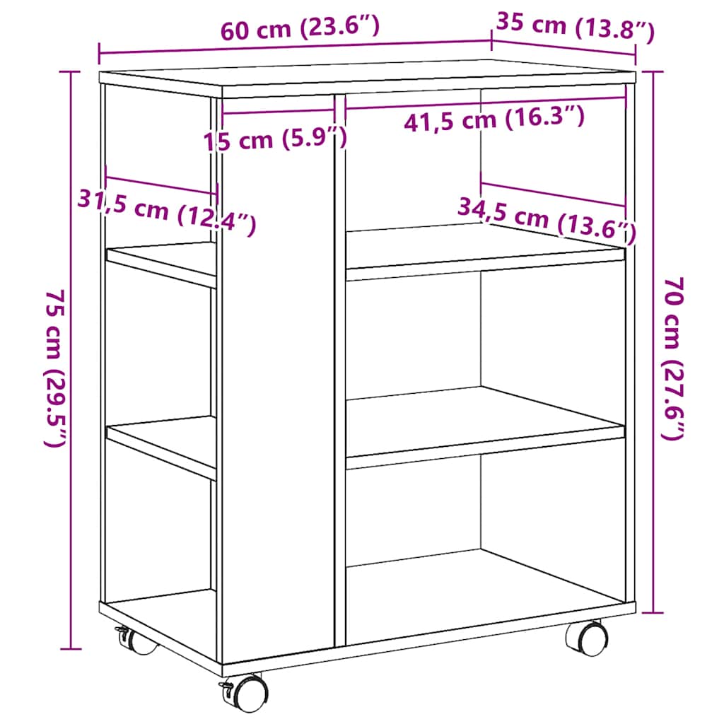 Mobiletto con Ruote Legno Antico 60x35x75 cm Legno Multistrato | homemem39