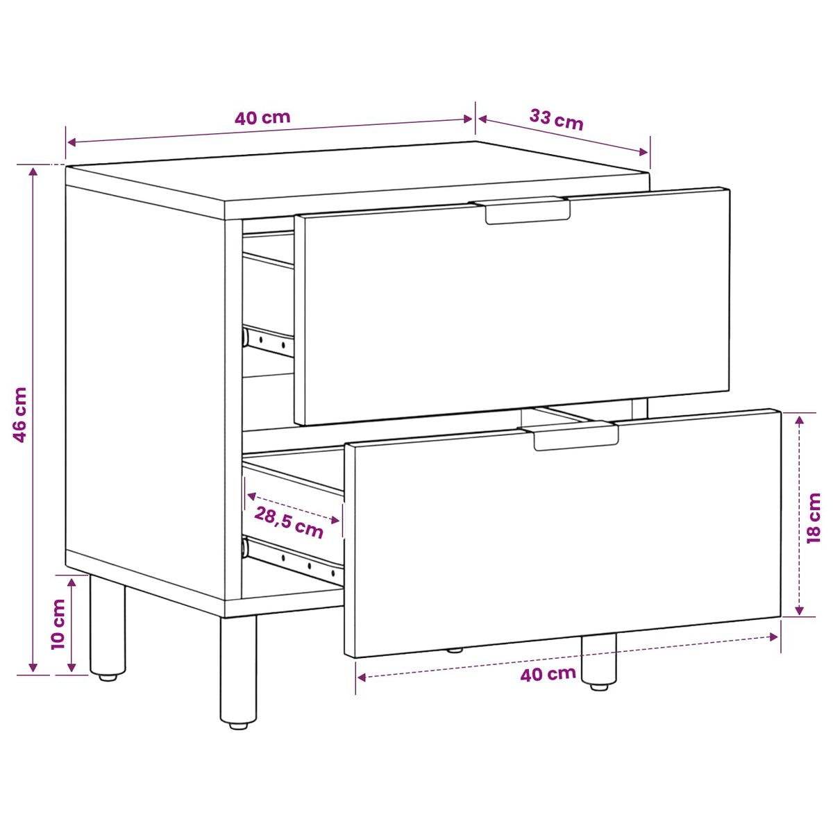 Comodino Nero 40x33x46 cm in Legno Massello di Mango