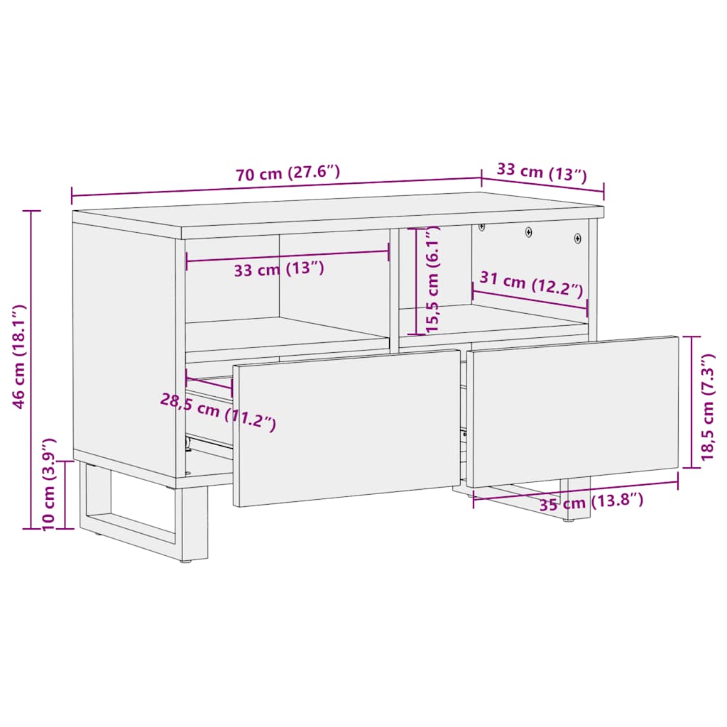 Mobile Porta TV Nero 70x33x46 cm in Legno Massello di Mango - homemem39