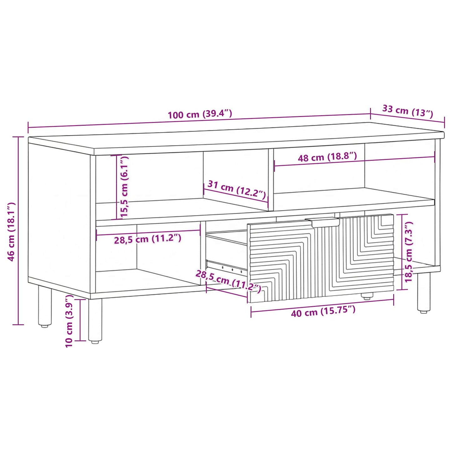 Mobile TV Marrone 100 x 33 x 46 cm Legno di mango massello