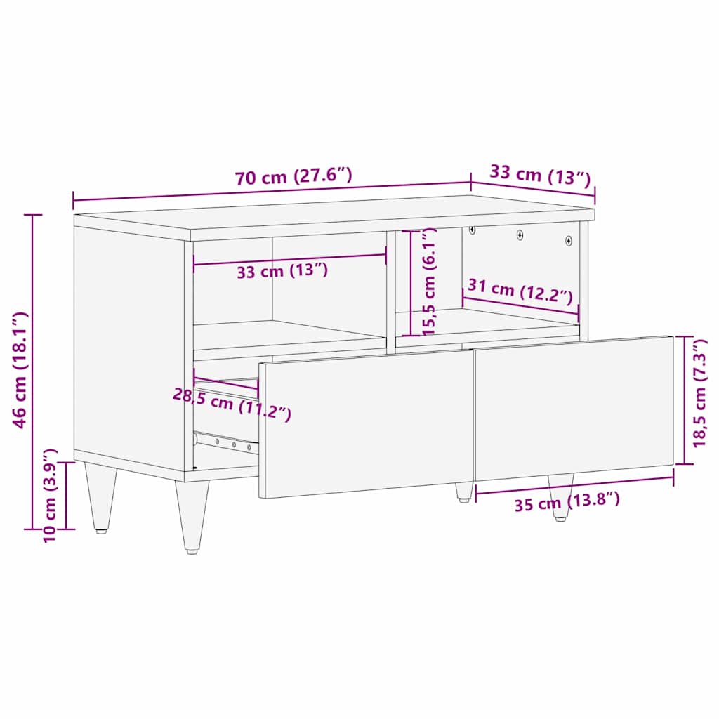 Mobile TV Nero e Oro 70 x 33 x 46 cm legno massello di mango