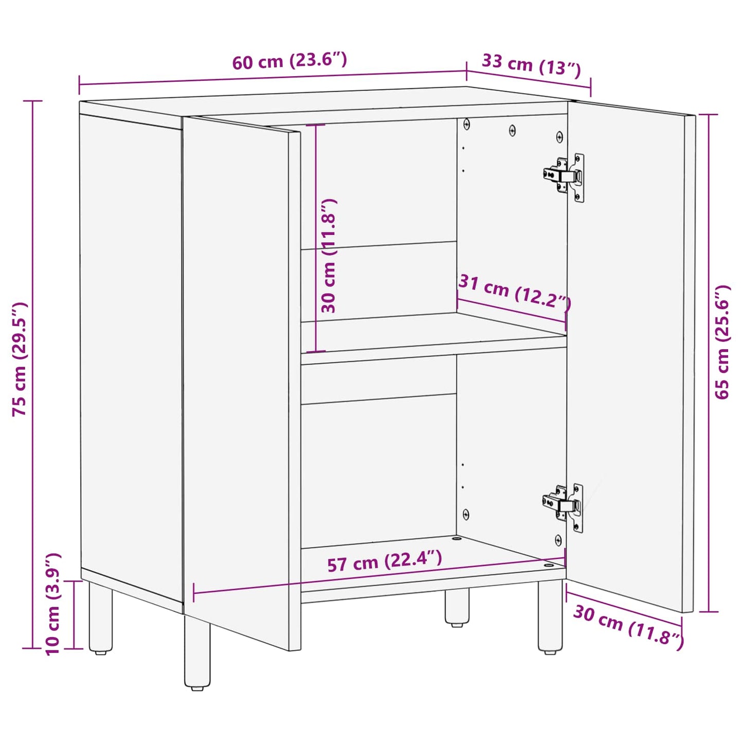 Credenza 60 x 33 x 75 cm Legno di mango massello