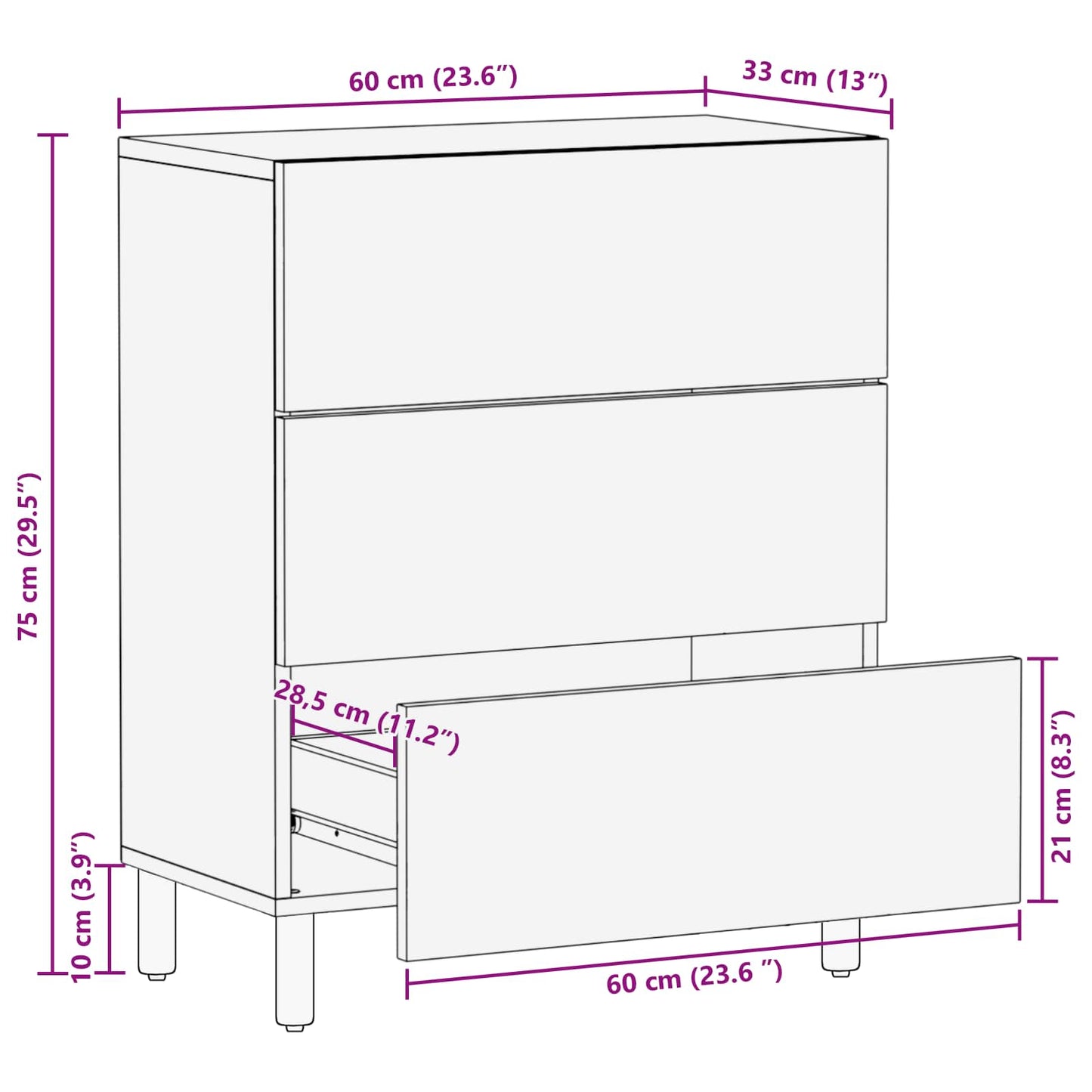 Credenza 60 x 33 x 75 cm Legno di mango massello