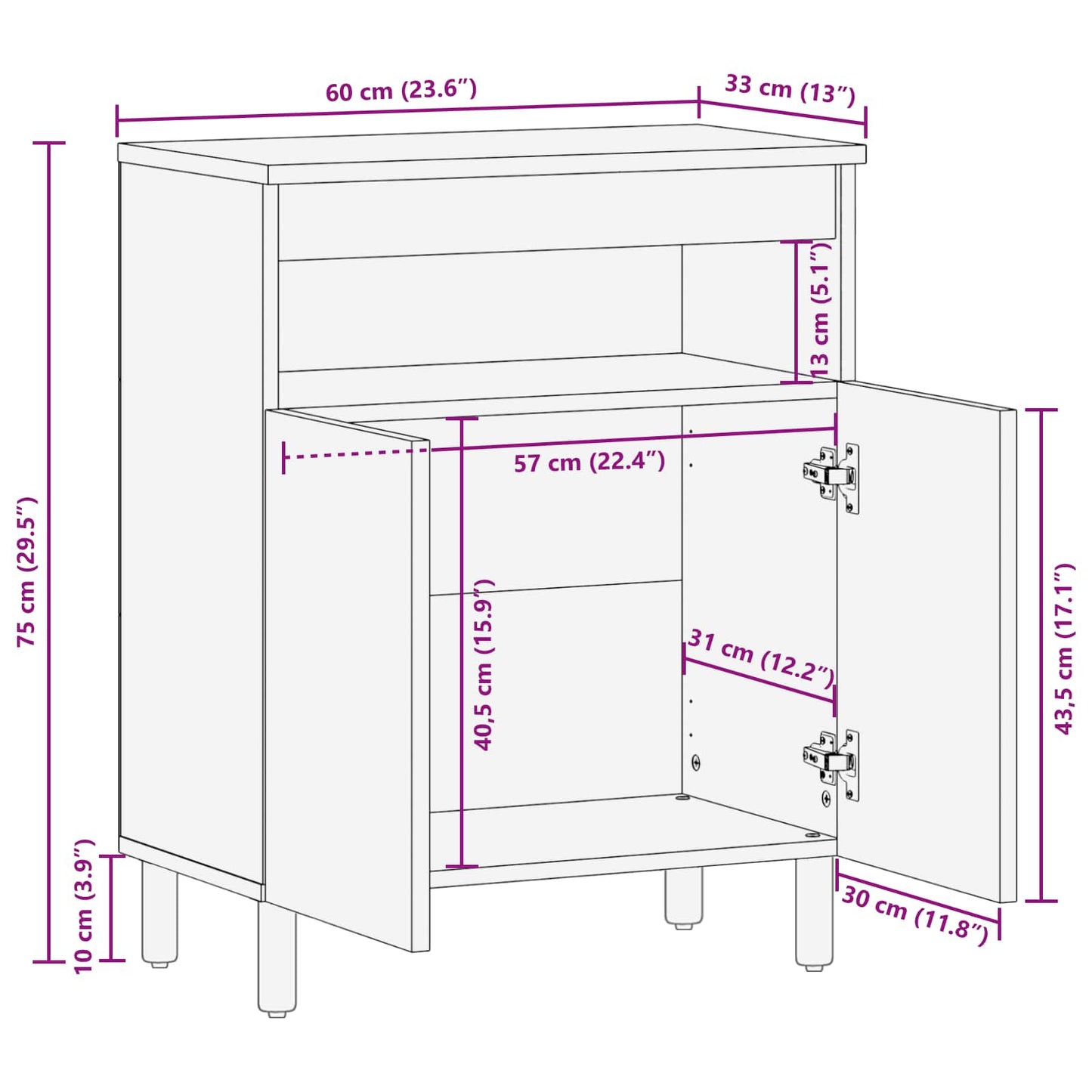 Credenza Finitura Bianco Lavato 60 x 33 x 75 cm