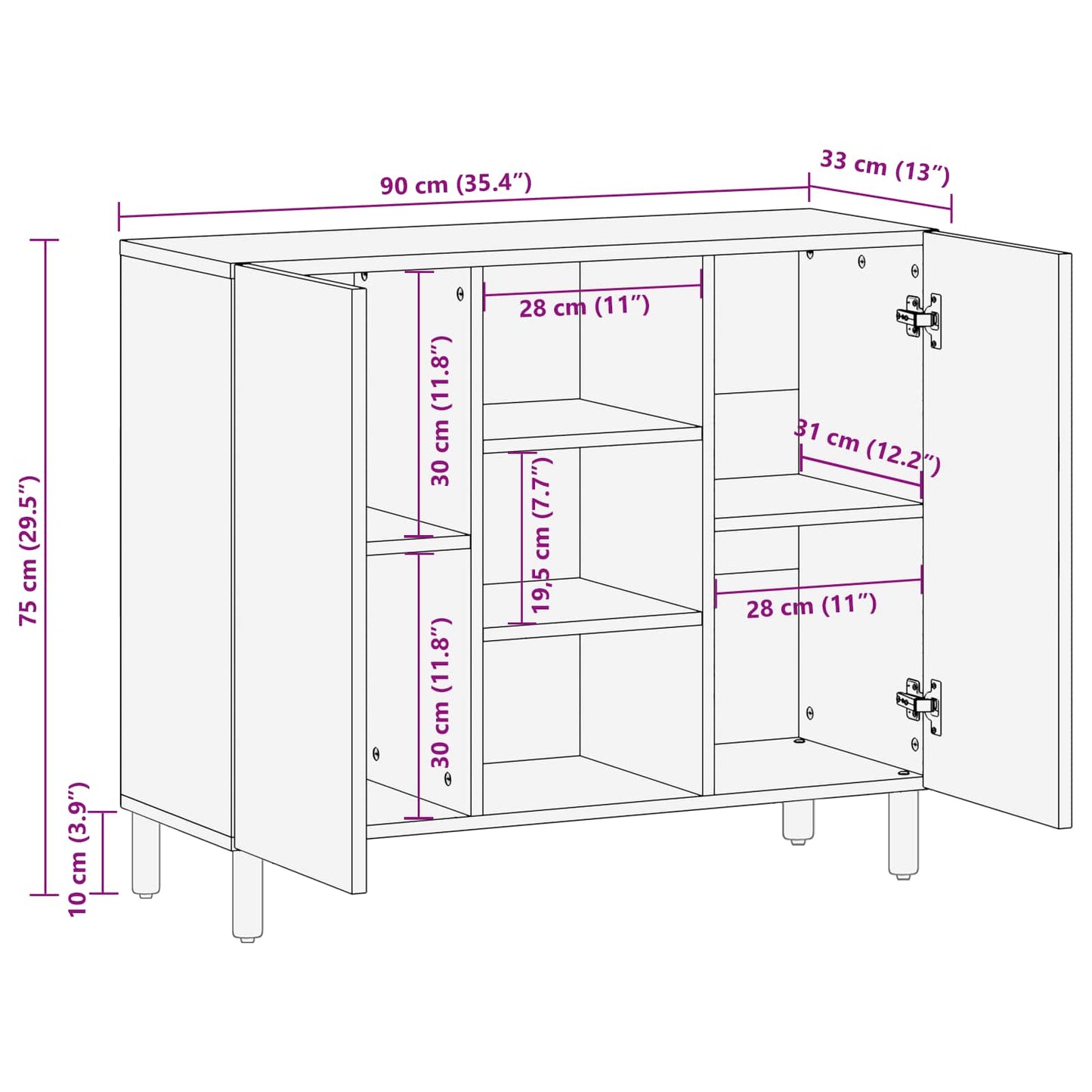 Credenza con lo scaffale Finitura Bianco Lavato 90 x 33 x 75 cm