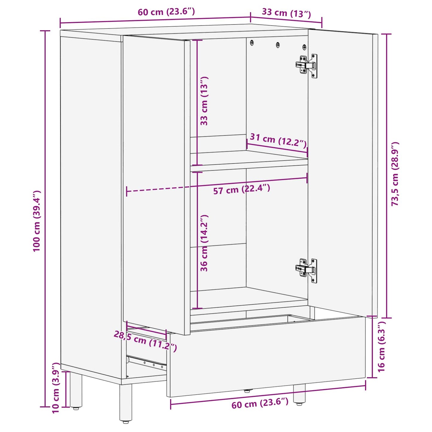 Credenza con cassetto Finitura Bianco Lavato 60 x 33 x 100 cm
