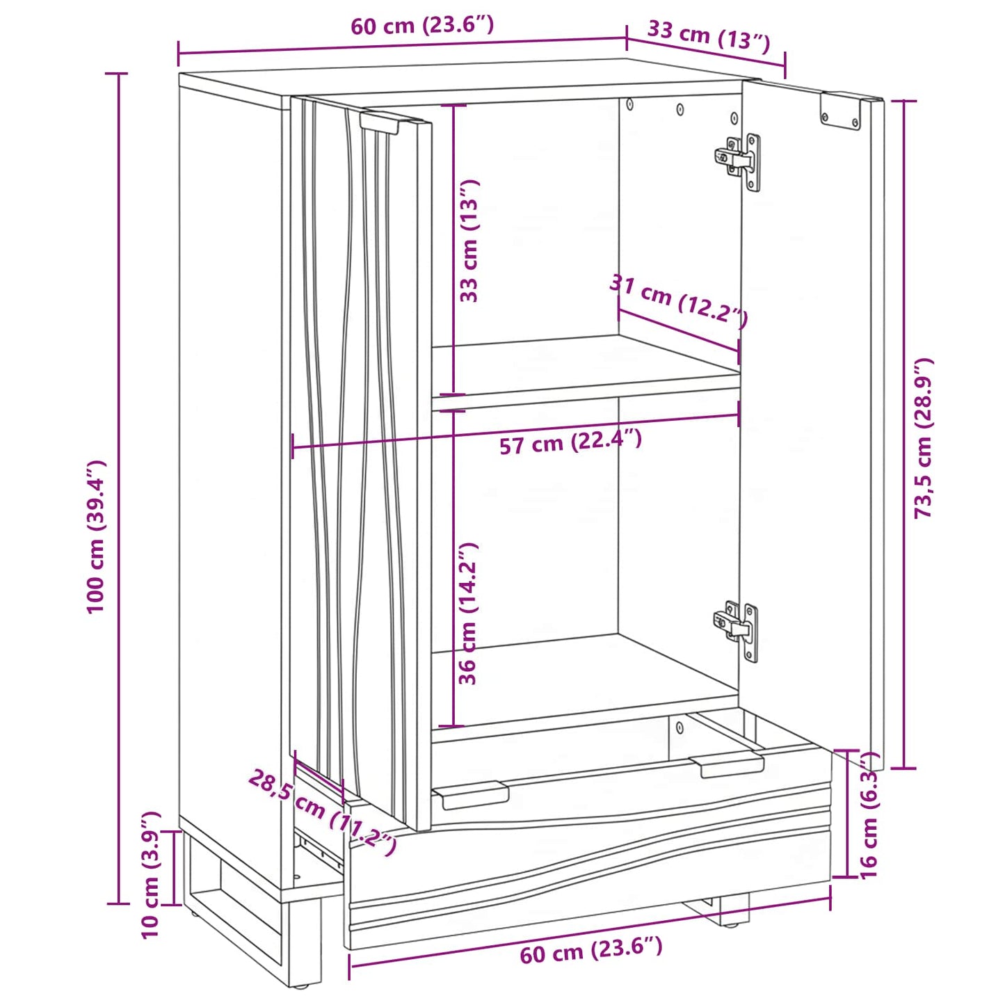 Highboard Marrone 60 x 33 x 100 cm legno massello di mango