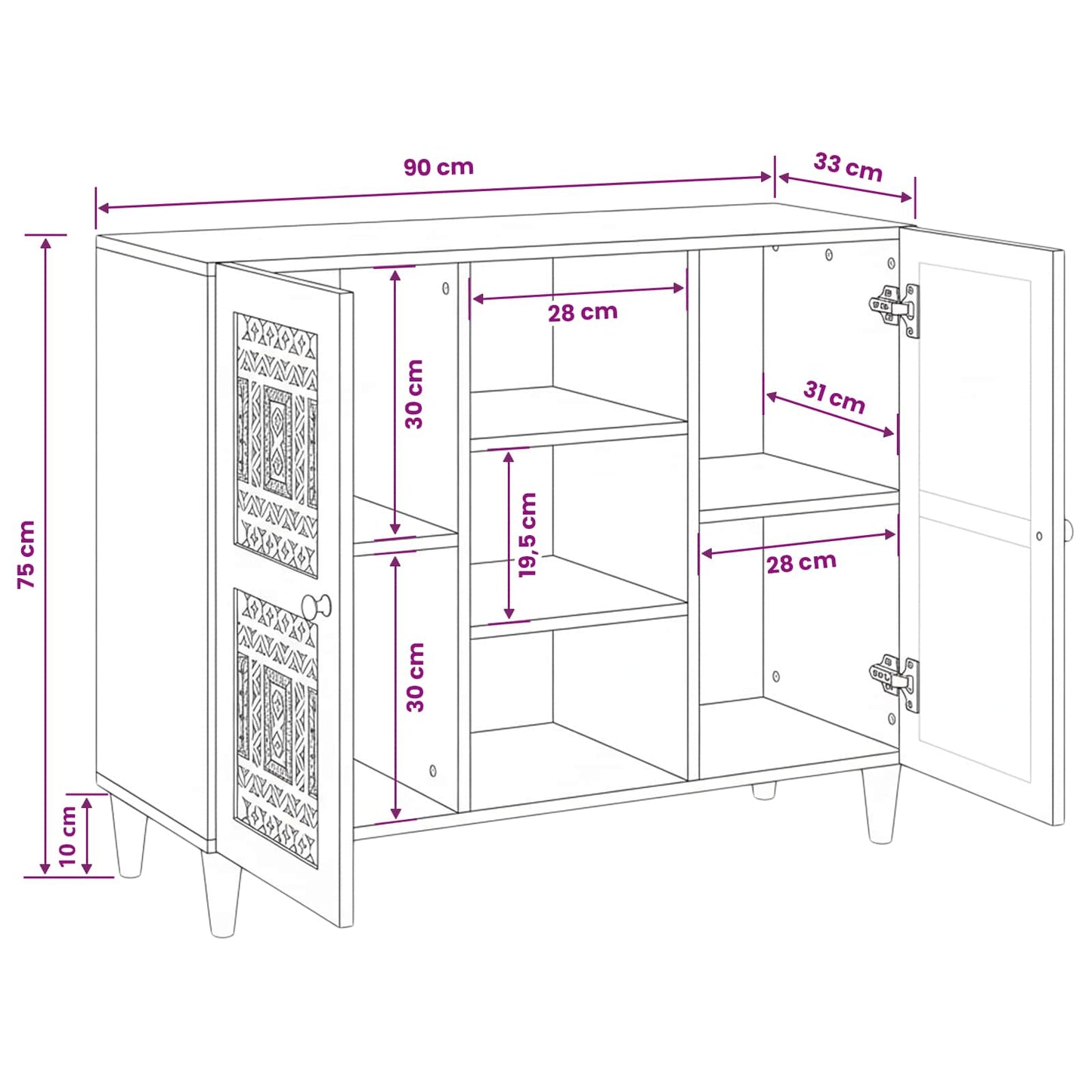 Credenza 90 x 33 x 75 cm Legno di mango massello