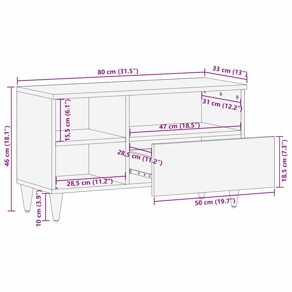 Mobile TV Bianco 80 x 33 x 46 cm legno massello di mango