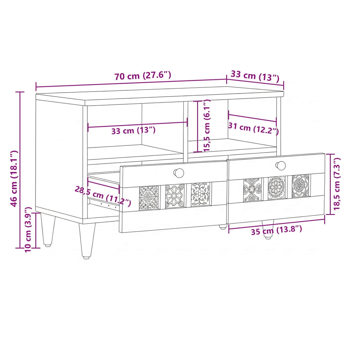 Mobile TV Naturale 70 x 33 x 46 cm Legno di mango massello | homemem39