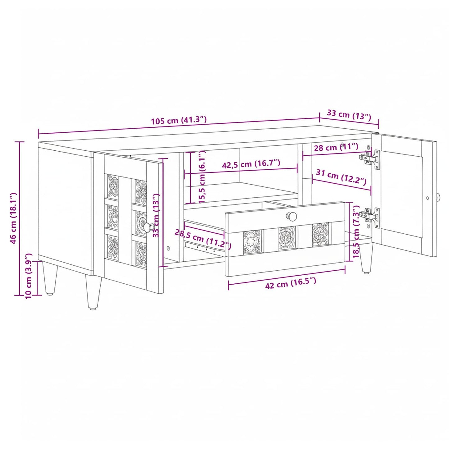 Mobile TV Naturale 105 x 33,5 x 46 cm Legno di mango massello | homemem39